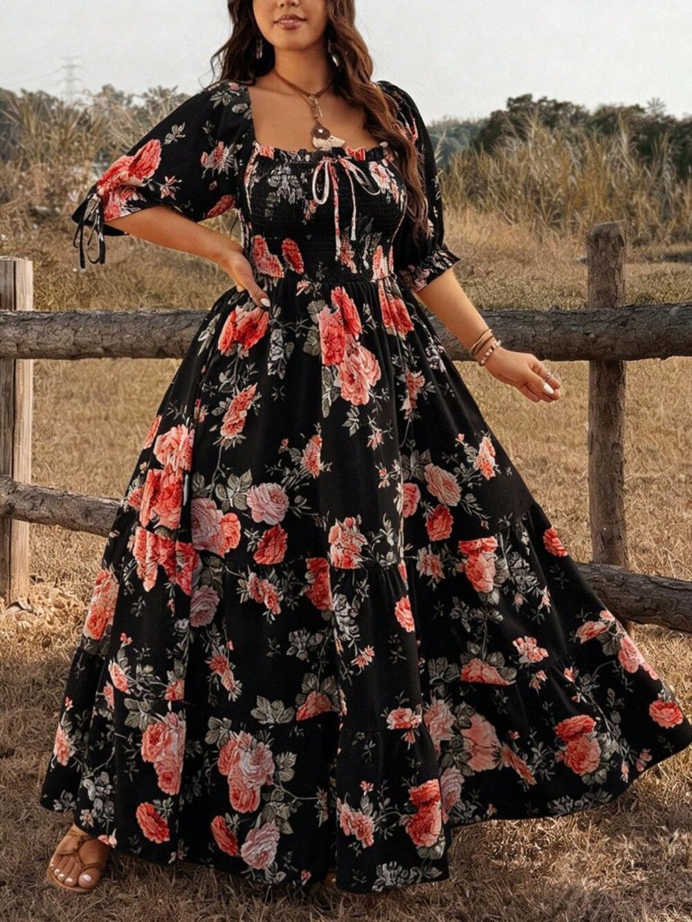 Black Boho Women's short Sleeve floral A-Line Maxi Dress - Picture 7 of 7